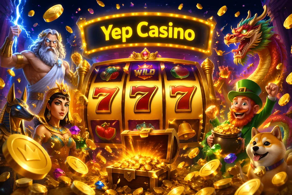 Gloeiende slotrollen met een jackpotwin en een fontein van munten in de stijl van de Yep Casino-lobby