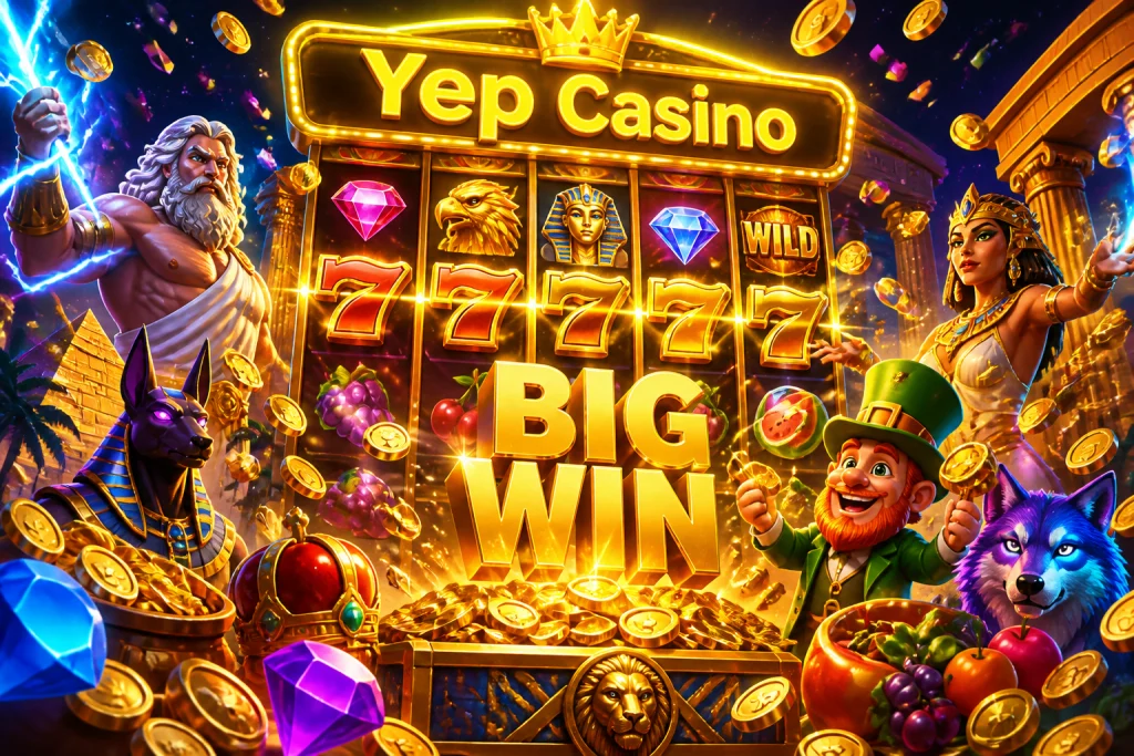 Waaier van casinosymbolen en opspringende munten zoals onze redactie ze in de lobby van Yep Casino tegenkomt